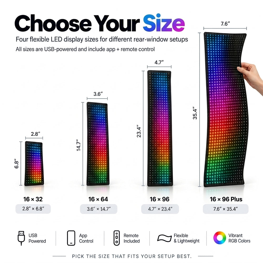 RGB flexible LED car display reference size comparison for 16x32, 16x64, 16x96 and 16x96 Plus