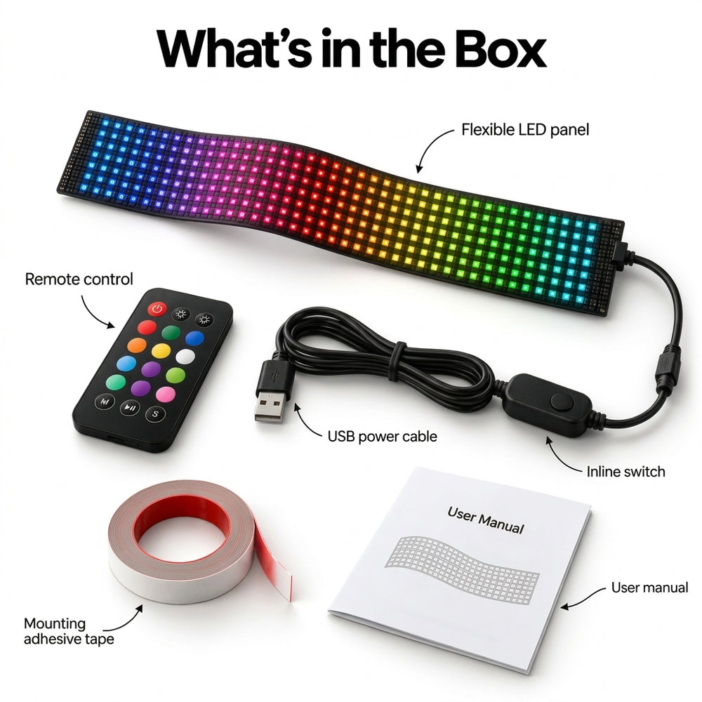 Pixel LED car display package contents including LED panel, remote control, USB power cable, inline switch, adhesive tape and user manual